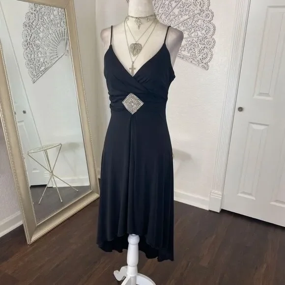 Jodi Kristopher Vintage Early 2000's Asymmetric Cinched Black Midi Prom Dress M - Picture 4 of 8